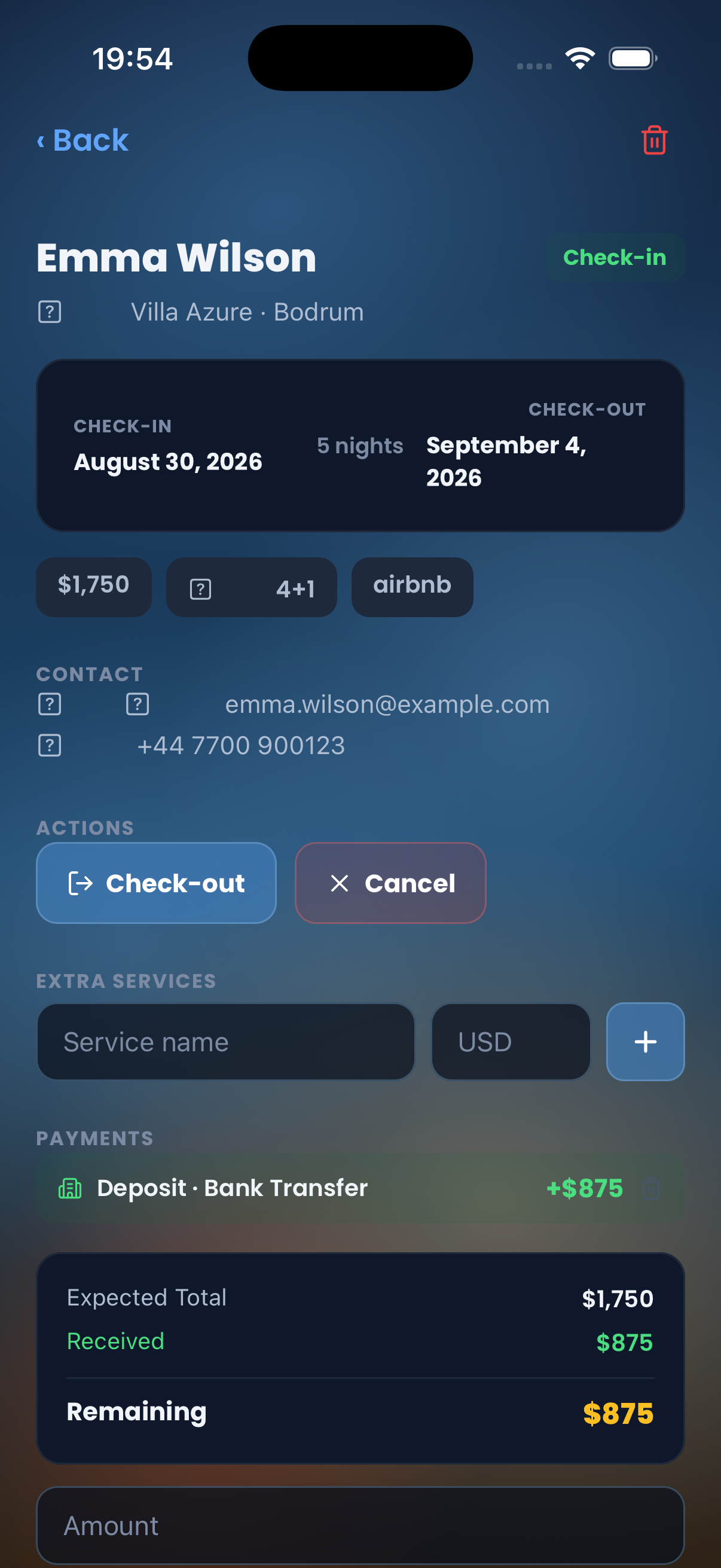 Reservation detail and guest info